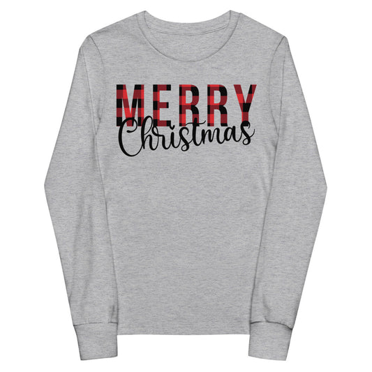 Plaid Merry Christmas Youth Long Sleeve Tee