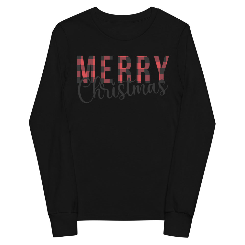 Plaid Merry Christmas Youth Long Sleeve Tee