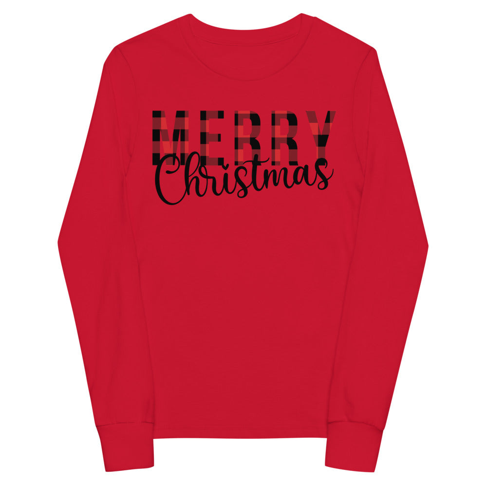 Plaid Merry Christmas Youth Long Sleeve Tee